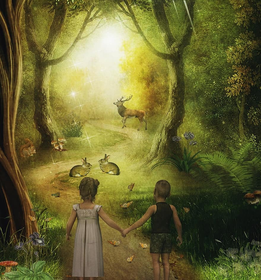 غابة ، الأطفال ، صبي ، فتاة ، الاخوة والاخوات ، ضوء ، الظلام ، هيرش ، أرنب ، الفراشات ، مسار الغابات