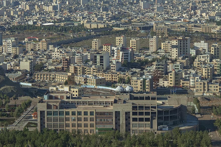 Iran, qom, Miasto, Budynki, śródmieście, pejzaż miejski, Uniwersytet, architektura, na zewnątrz budynku, wieżowiec, widok z lotu ptaka
