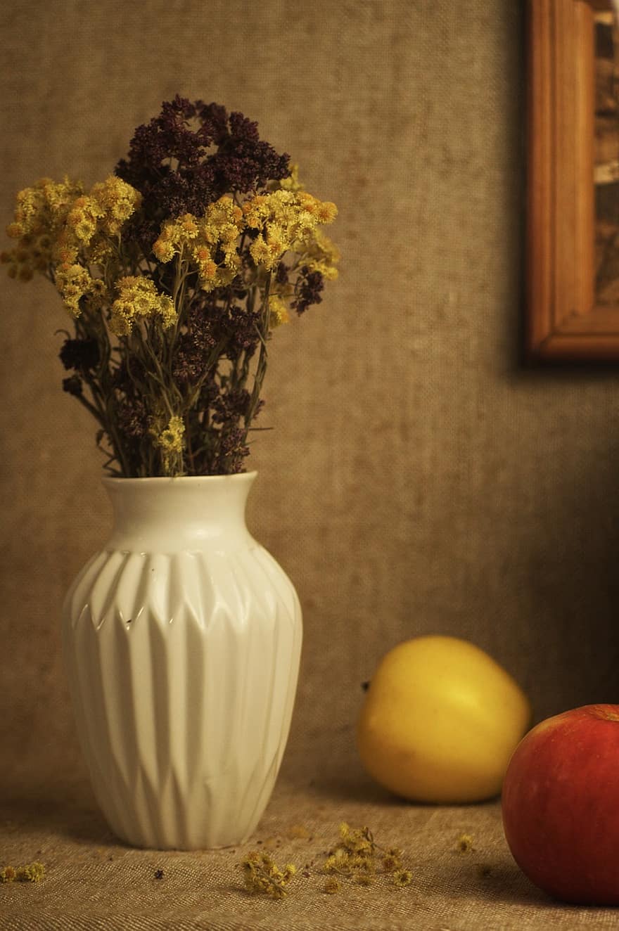 fiori, vaso, mele, natura morta, Vintage ▾, vaso di fiori, composizione floreale