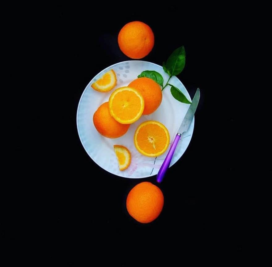 апельсины, фрукты, ломтики, тарелка, здоровый, сочный, нож