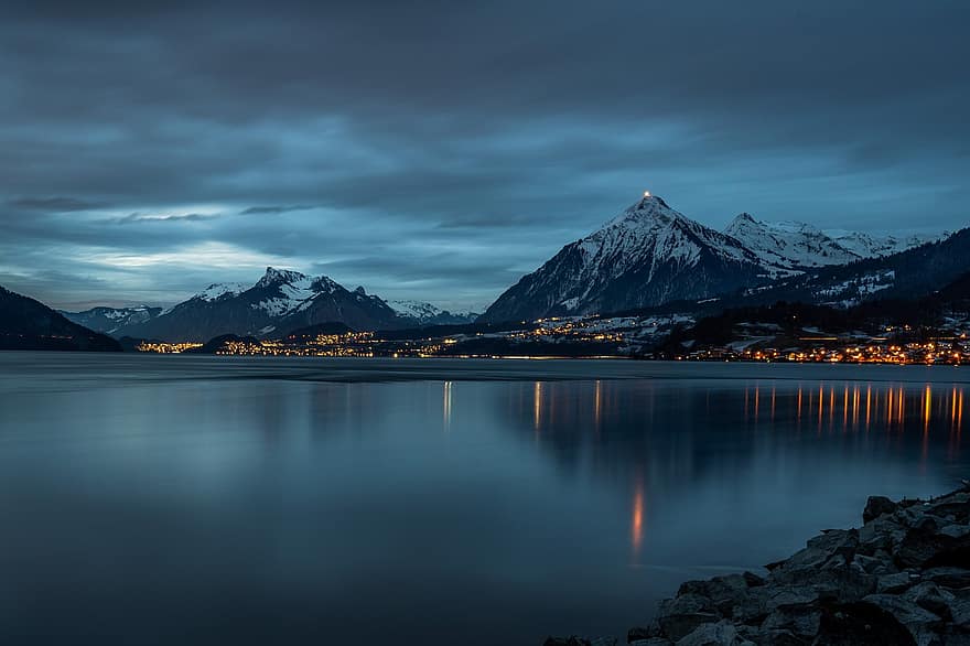 планини, езеро, нощ, Алпи, Швейцария, алпийски, сняг, природа, пейзаж, зима, bergsee