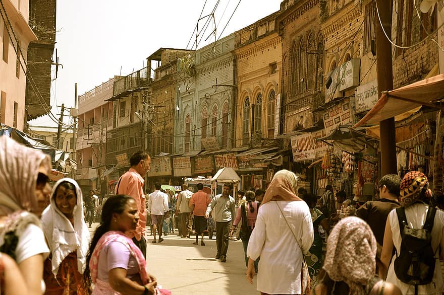 улица, Дорога, люди, толпа людей, здания, город, городской, Индия, поездка, Дели, красочный