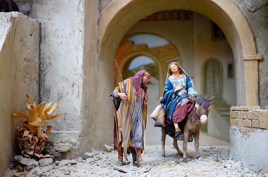 メアリーとジョセフ、ロバ、置物、彫像、キリスト降誕、クリスマス物語、クリスマスの時期、出現
