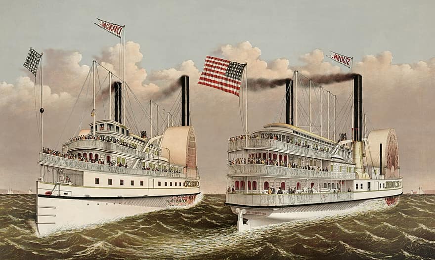vintage, vapor, navio, americano, bandeira, navios, transporte, mar, náutico, vela, oceano