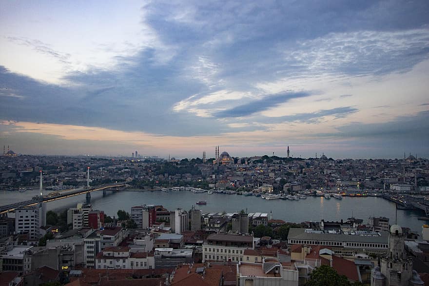 Istambul, Peru, Visão, topo, baía, pontes, viagem, paisagem urbana, arquitetura, lugar famoso, por do sol