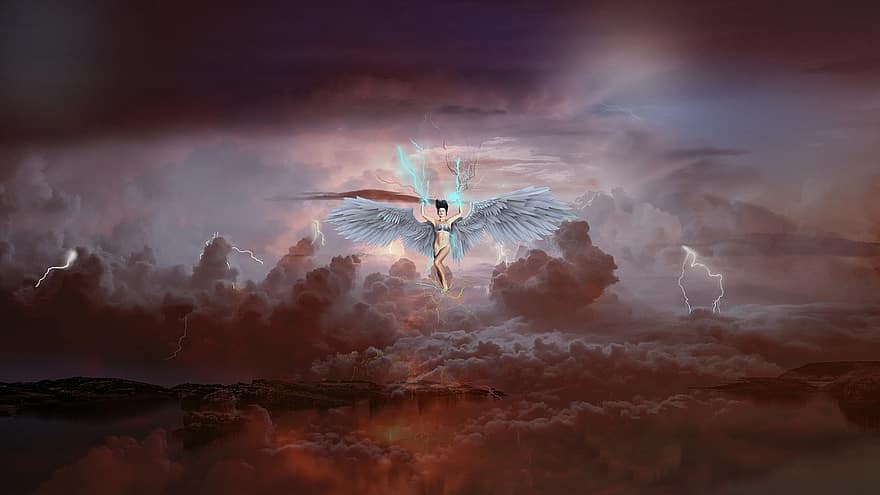 여자, 천사, 날개, 공상, 꿈, 마법, 신비로운, 번개, 폭풍
