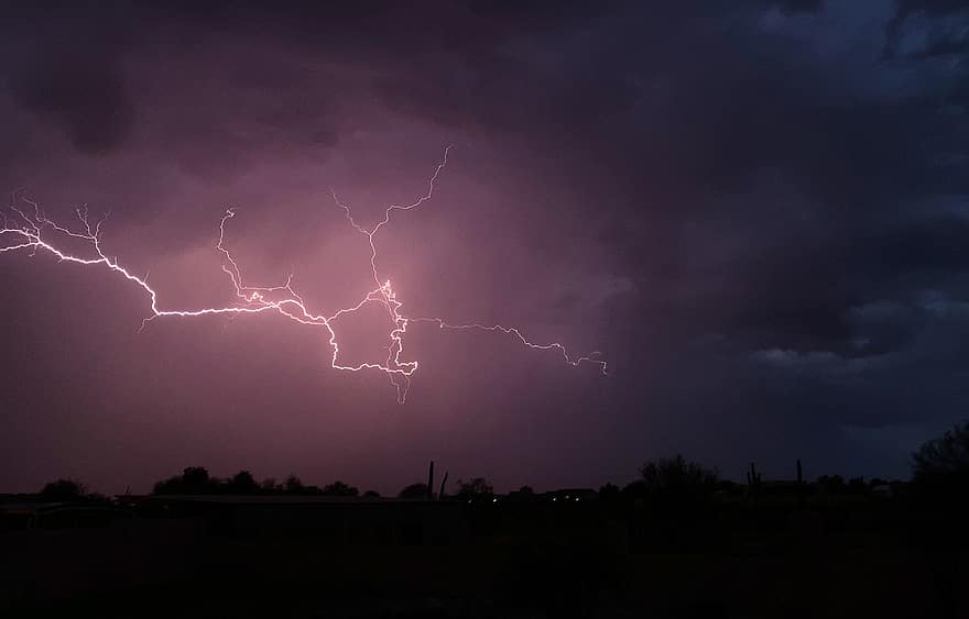 Lightning, Thunder, Storm, Sky, Night, Clouds, Monsoon, Weather, Desert, Arizona, Powerful