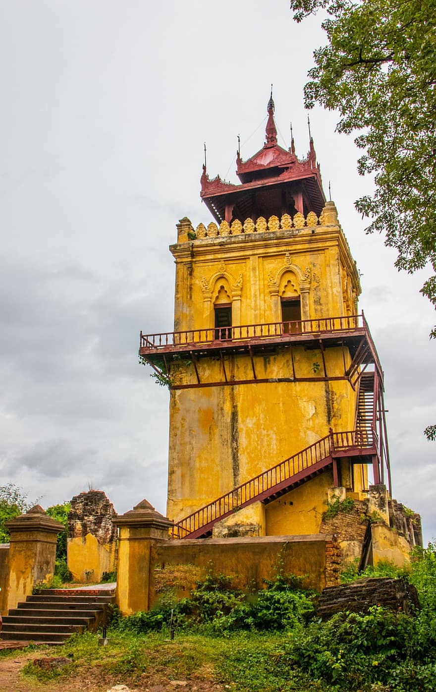 edificio, pagoda, torre de vigilancia, tradicional, arquitectura, mingun, myanmar, mandalay, birmania, paisaje, tradicion
