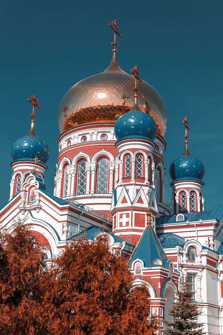 Катедралата Успение Богородично, църква, сграда, архитектура, Омск, Русия, катедрала, руски православен, религия, християнство, кръст