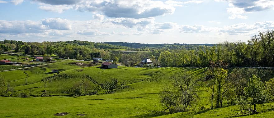 Pennsylvania, Hügel, ländlich, Panorama, Bauernhof, Felder, Bäume, Dorf, Natur, Landschaft, Himmel