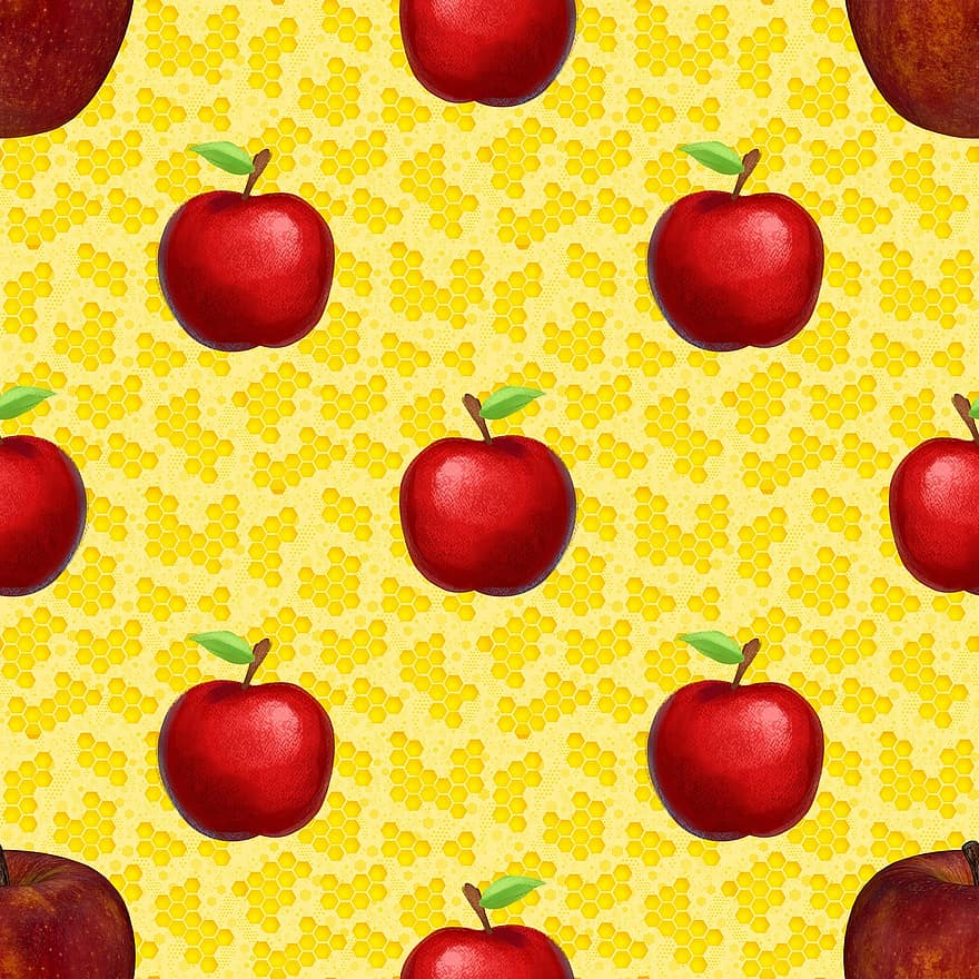 jablka, Rosh hashanah, Pozadí, vzor, bezešvý, červená jablka, sladký, plástev, úl, židovský nový rok, jídlo