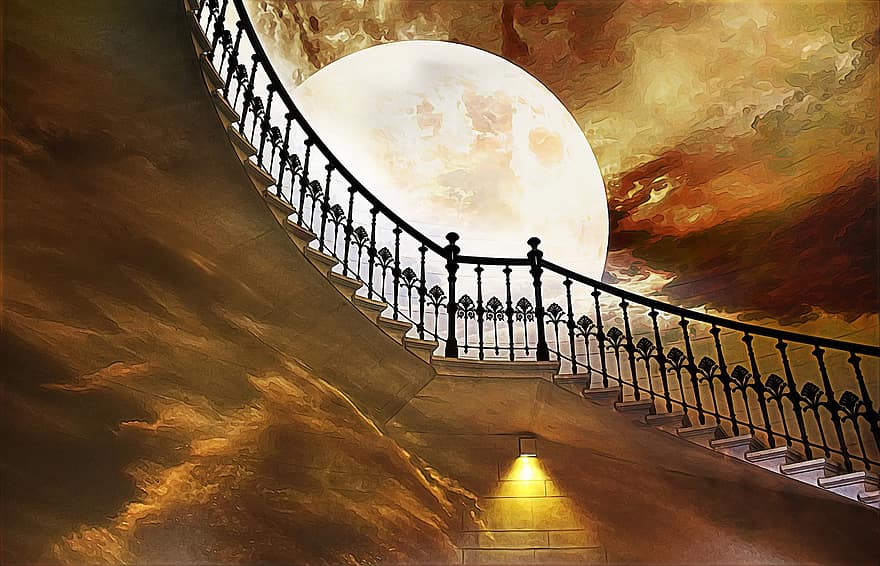 Stairs, Full Moon, Stairway, Sunrise, Sunset, Golden, Magic, Fantasy, Steps, Stairway To Heaven, Clouds