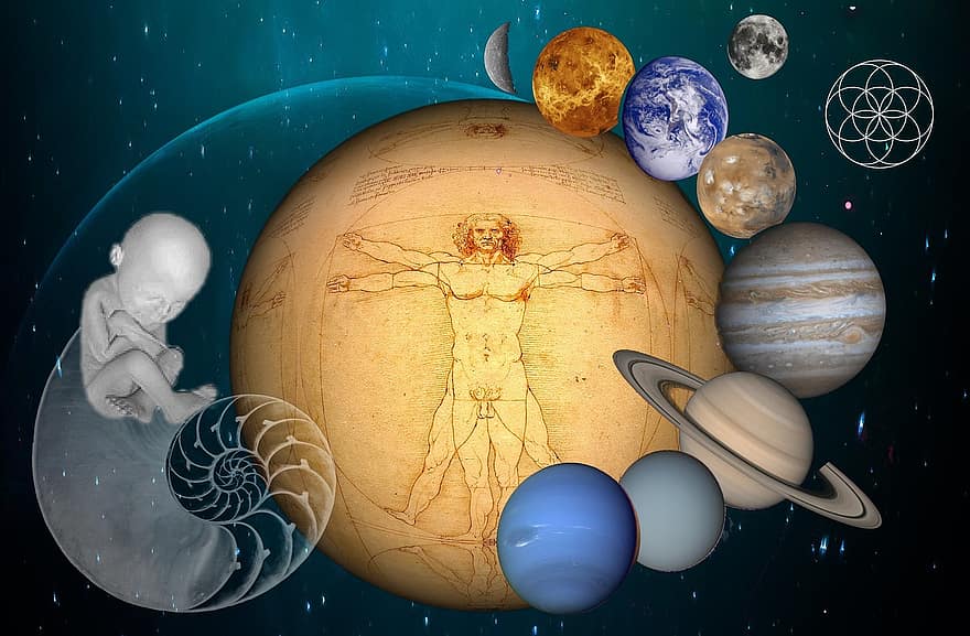 вселенная, рождение, человек, геометрия, Леонардо да Винчи, витрувианский человек, цветок жизни, планета, земной шар, жить, пространство