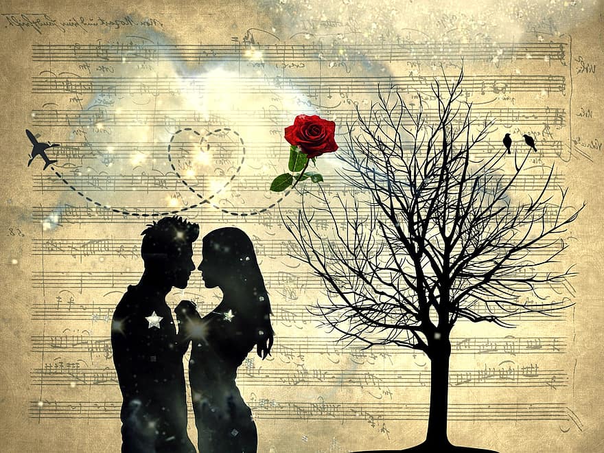जोड़ा, प्रेम प्रसंगयुक्त, पत्रक संगीत, प्रेम, दिल, प्रतीक, गुलाब का फूल, पेड़, संगीत, प्रेमियों, साथ में