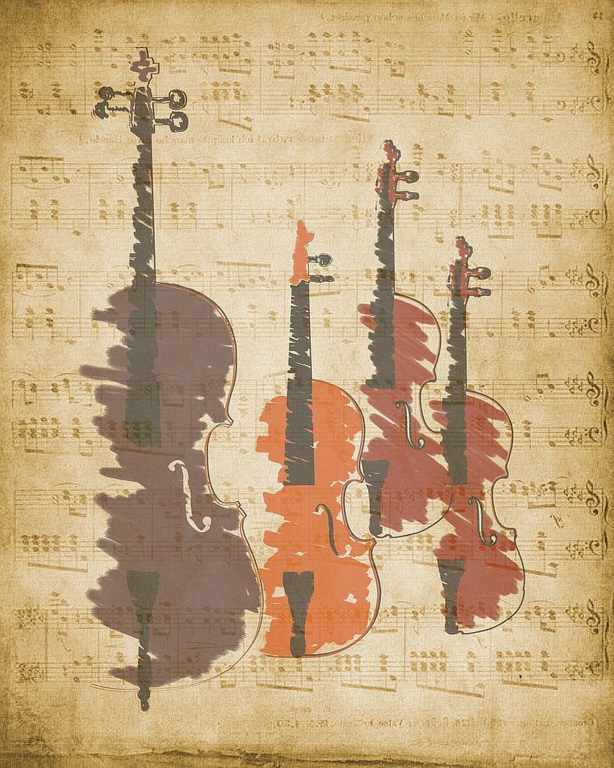 fundo, papel digital, scrapbooking, música, quarteto de cordas, violino, viola, violoncelo, baixo de corda, vintage, padronizar