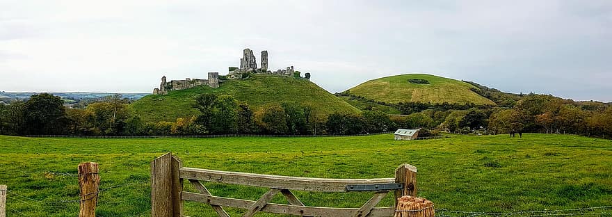 Castle, Landscape, Dorset, England, rural scene, grass, meadow, green color, mountain, summer, farm
