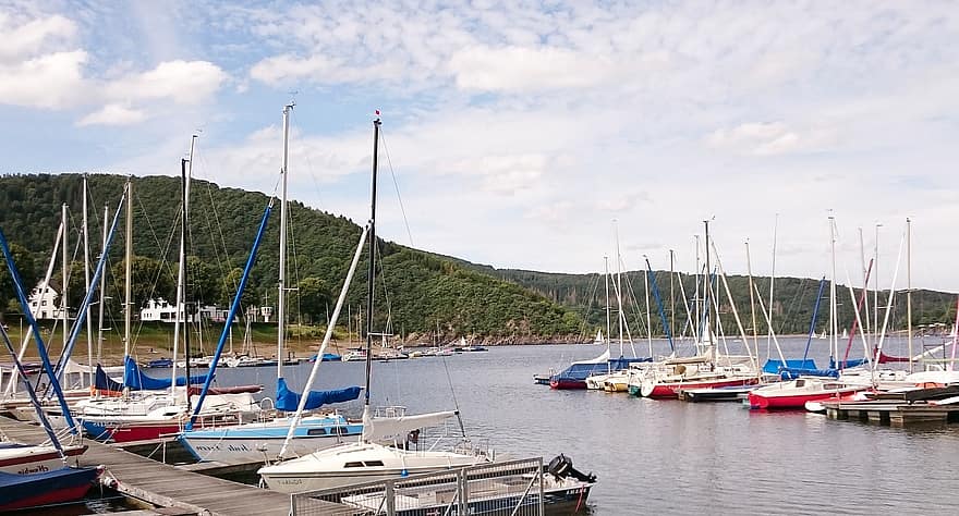 båtar, hamn, sjö, docka, segelbåtar, bergen, stad, Woffelsbach, eifel, Rursee