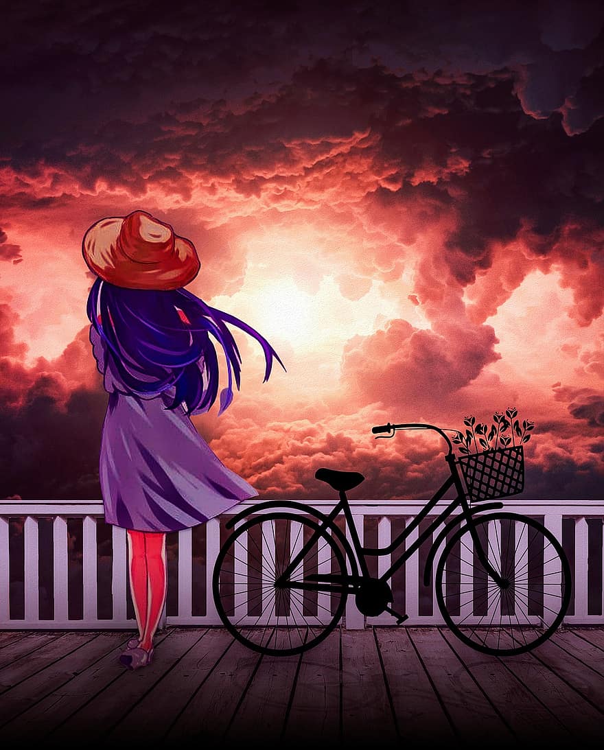 γυναίκα, ποδήλατο, πίσω όψη, αδυναμία, καπέλο, κορίτσι, κύκλος, μπαλκόνι, ουρανός, σύννεφα