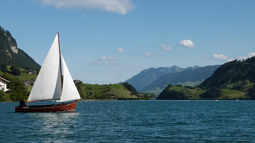 barca a vela, lago, montagne, natura, estate, andare in barca, nave nautica, yacht, acqua, vela, veliero