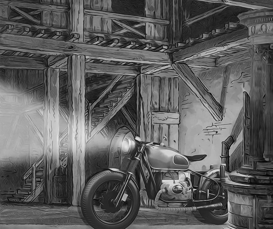 Barn, Motorcycle, Stable, Vintage, Black And White, Headlight, Scene, architecture, old, transportation, old-fashioned