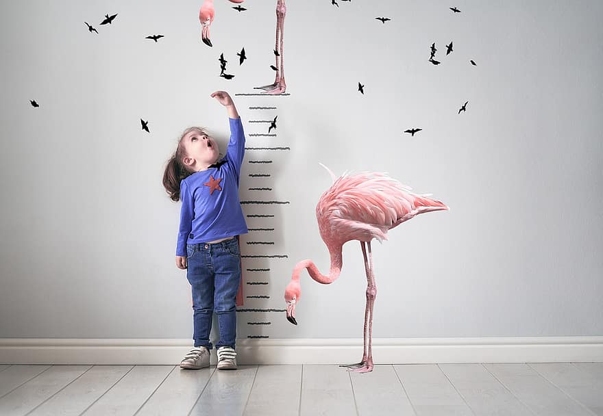 menina, flamingo, criança, Gráfico Crescente, infância, fofa, vôo, criatividade, pequeno, Diversão, dentro de casa