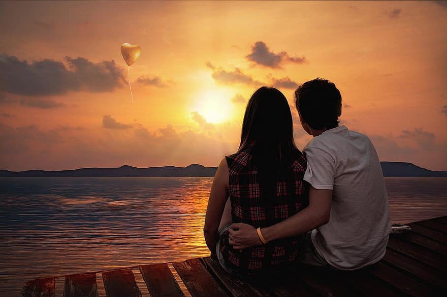 cinta, pasangan, matahari terbenam, melihat, pantai, di luar rumah, bersama, laki-laki, perempuan, hubungan, liburan