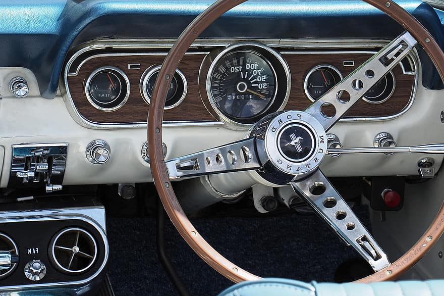Steering Wheel, Antique Car, Fittings, Dashboard, Automobile, Ford, Mustang, Sports Car, Classic, Speedometer, chrome
