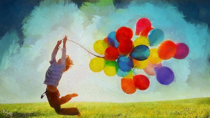 Balloons, Spring, Nature, Watercolour, Child, Jump, Joy, Fun, Wellness