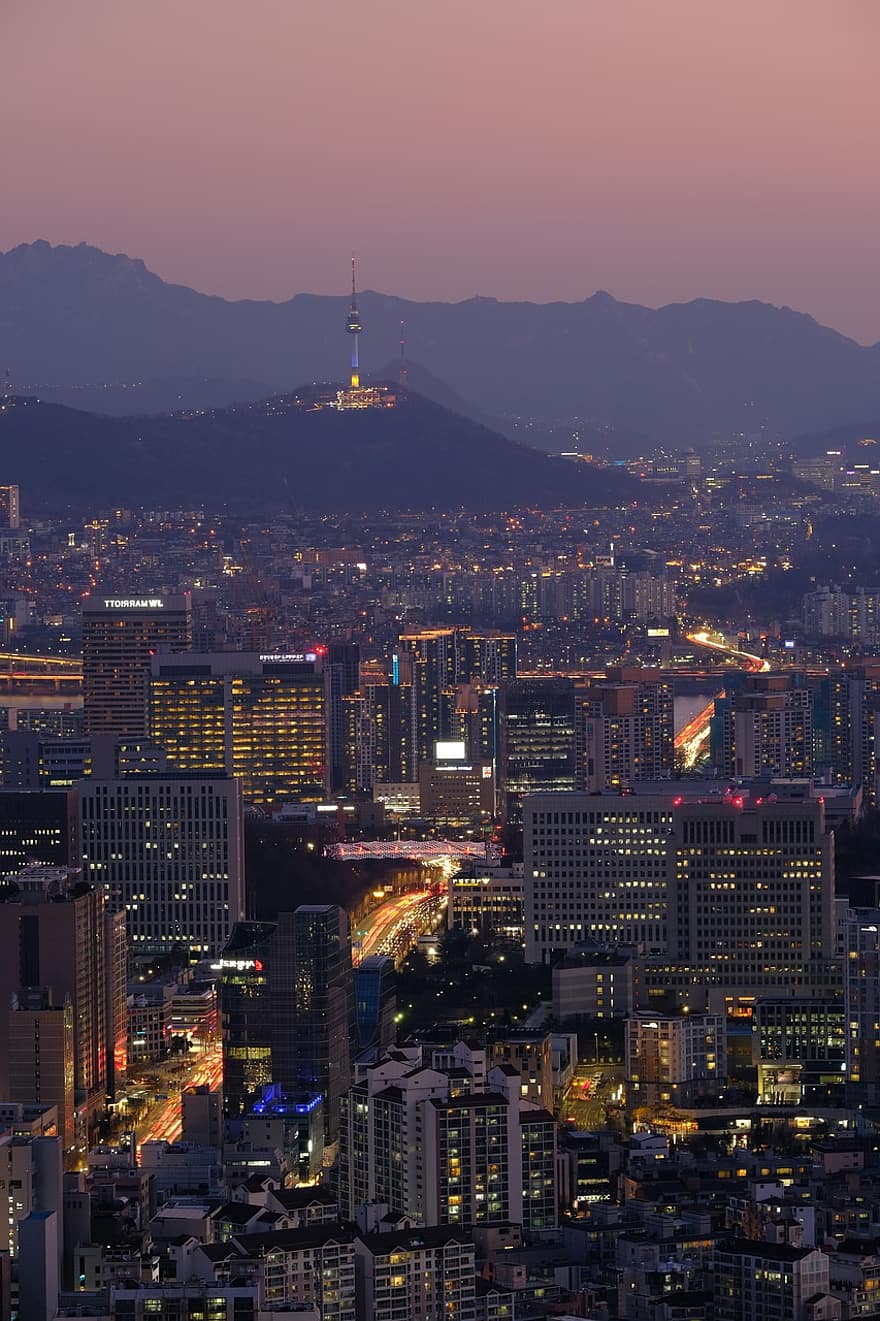 solnedgang, by, Namsan, fjell, himmel, gløde, Republikken, Korea, natt, bybildet, skumring, urban skyline