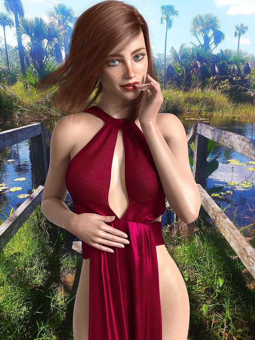 nő, híd, piros ruha, tropikus
