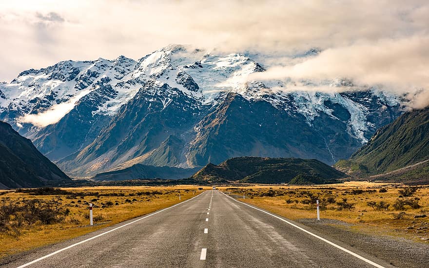도로, 고속도로, 마운트 요리사, 눈 산, 뉴질랜드, 남쪽 섬, 가을, 풍경, 자연, 산, 경치