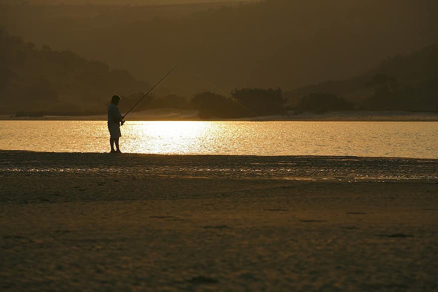 गोधूलि बेला, झील, मछली पकड़ने, सूर्य का अस्त होना, कोस्ट, किनारा, आदमी, बंसी, पानी, प्रकृति, शाम