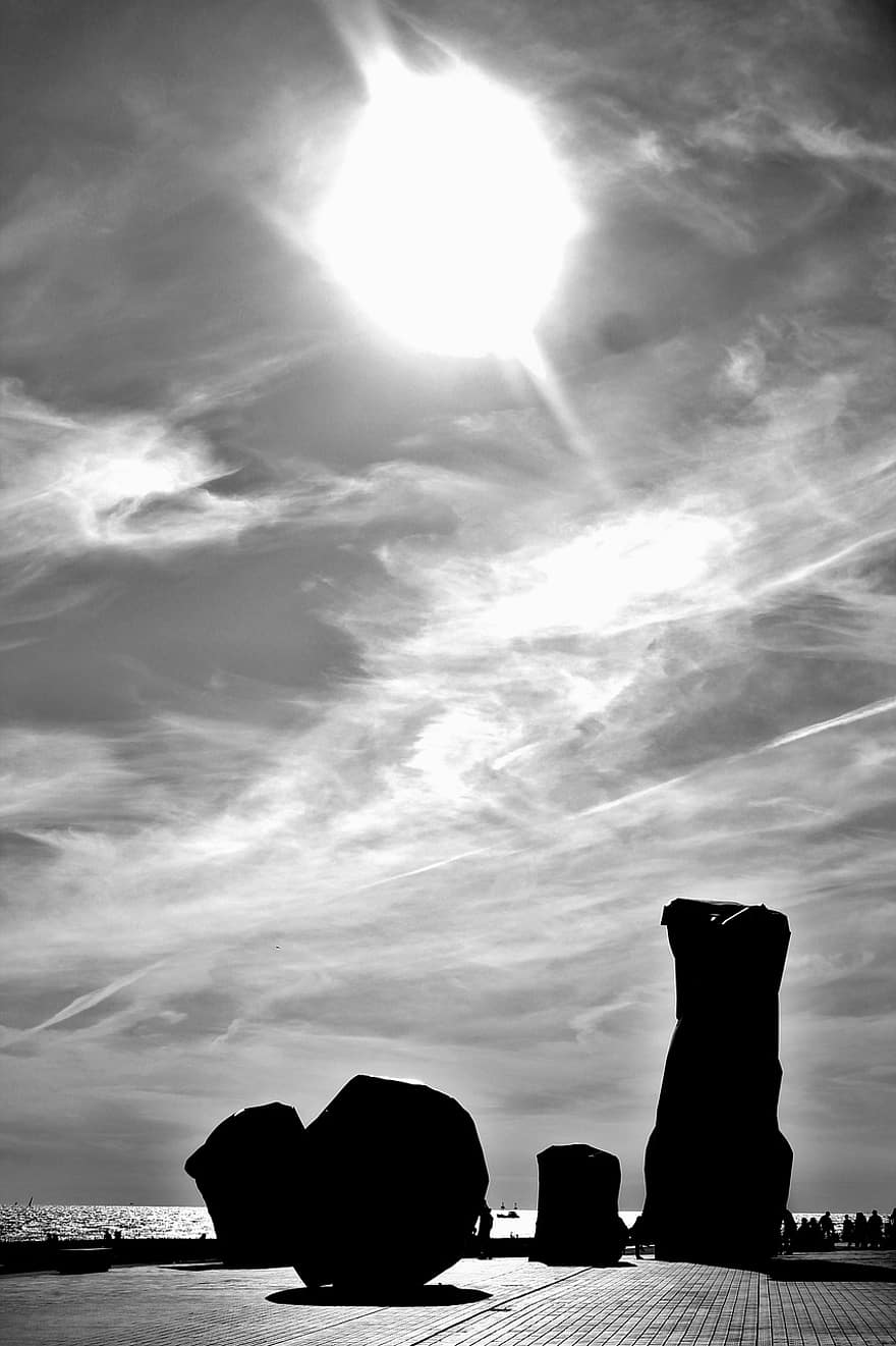 Oostende, sculptură, negru, alb, apus de soare, monument, plaja promenada