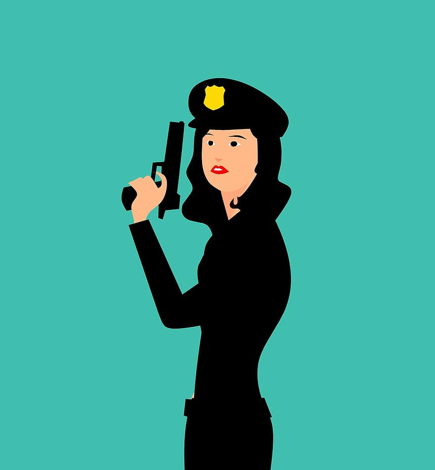 polis, kvinna, karaktär, tecknad serie, officer, enhetlig, pistol, arbete, keps, söt, lag