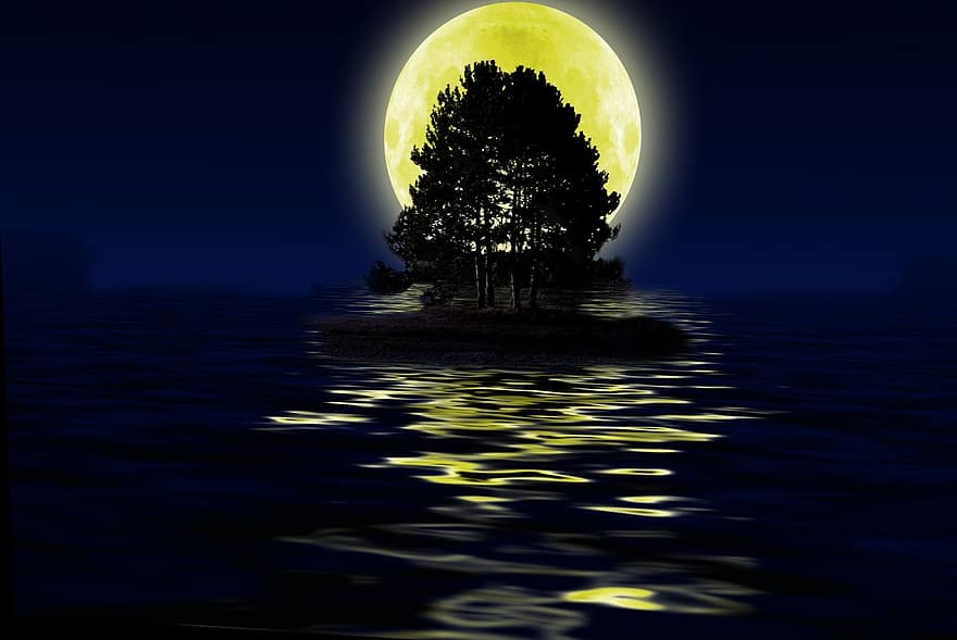 остров, дърво, езеро, вода, море, луна