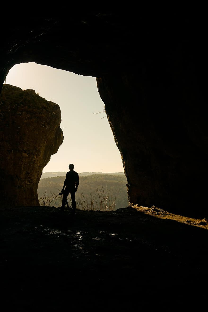 barlang, szikla, kövek, nap, kamera, fotós, férfiak, egy ember, kaland, sziluett, háttérvilágítású
