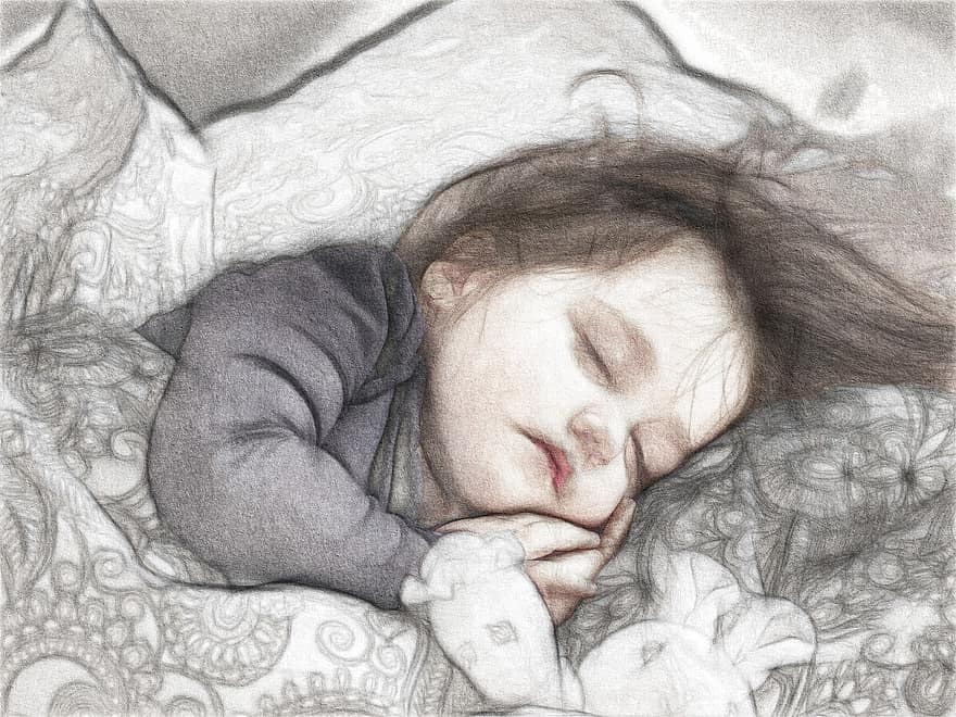 slaap, mensen, portret, bed, kind, potlood, schetsen, kleuter, baby, Grijze slaap, Grijs slapen