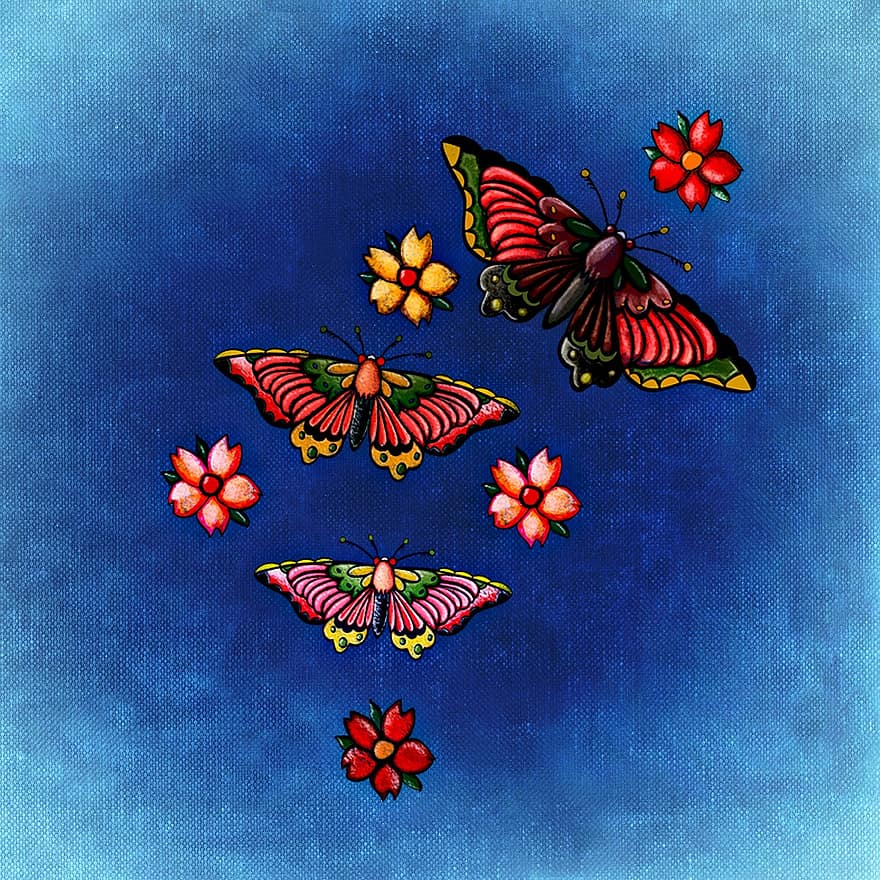 Butterfly, Spring, Flowers, Canvas, Background