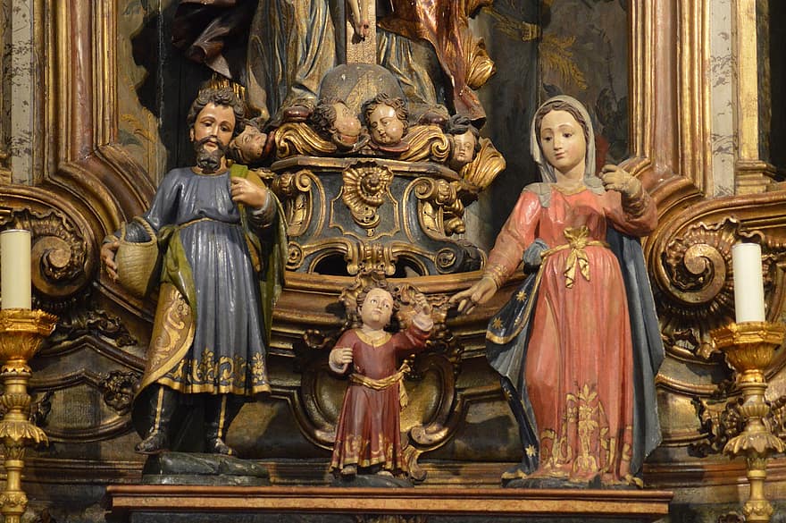 statuie, familie, Tată, mamă, copil, sfânt, căsătorit, Iisus, joseph, biserică, Portugalia