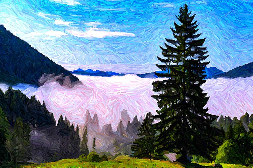 กรอบ, จิตรกรรม, นักศิลปะ, ลักษณะที่แสดงออก, มีสีสัน, ธรรมชาติ, ภูมิประเทศ, ภูเขา, ต้นไม้, ฅ้นเฟอร์, เมฆ