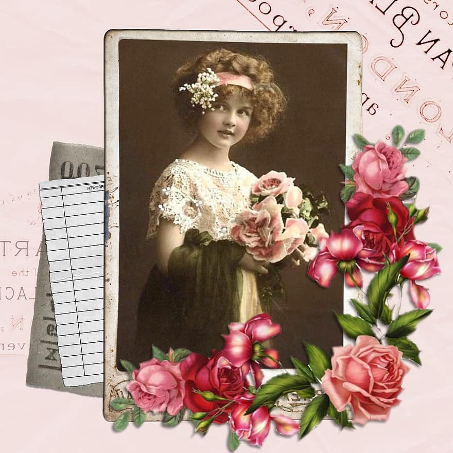 विंटेज, थोड़ा, लड़की, महाविद्यालय, गुलाब के फूल, गुलाब का गुलदस्ता, कला, कागज़, जवान लड़की, निमंत्रण, कार्ड