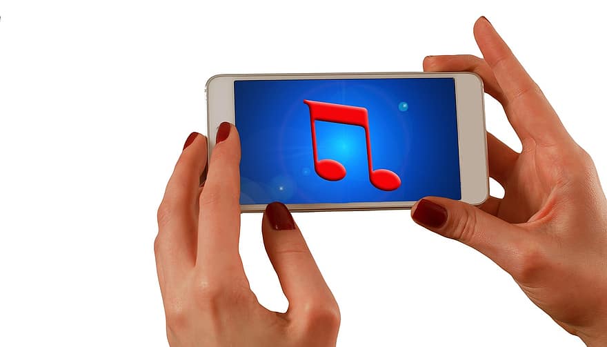 música, Smartphone, aplicação, áudio, conexão, mãos, celular, manter, tire uma foto instantânea, recebido em, dispositivo