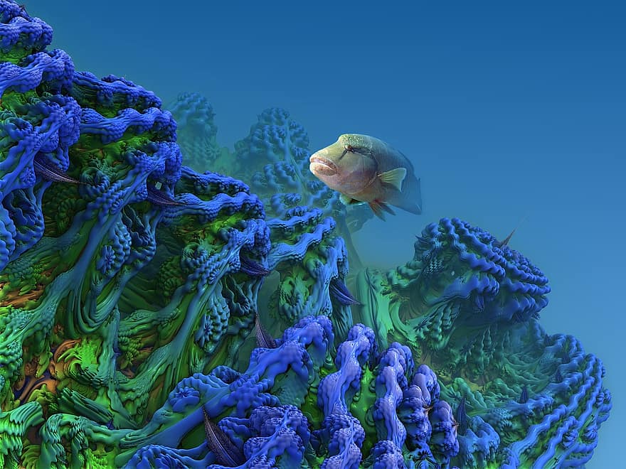 Fractal, Composing, Nature, Underwater, Ocean, Color, Sea, Fish, Background, Green Blue