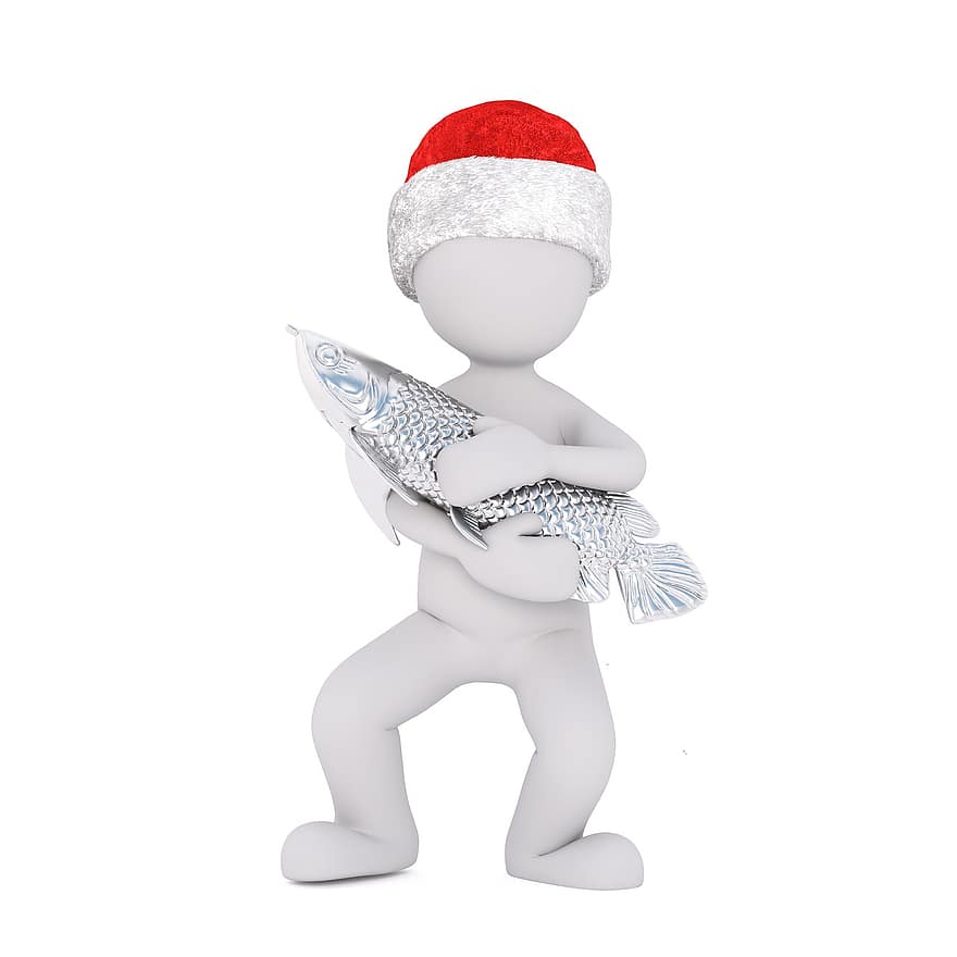 Різдво, білий самець, повне тіло, капелюх Санта, 3D модель, риба, удача, срібло, Різдвяна вечеря, Санта Клаус