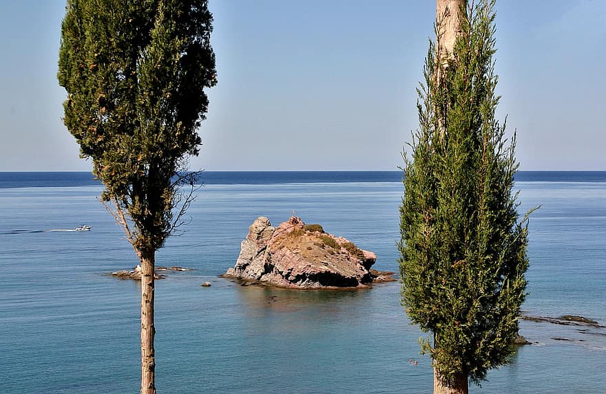 sten, hav, kust, landskap, vatten, träd, cypressträd, cypern, horisont, marinmålning