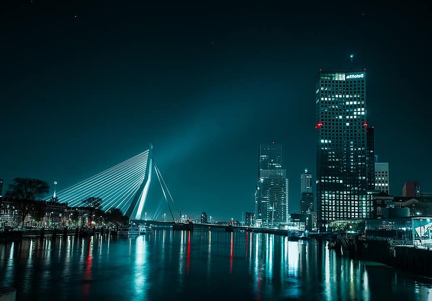 Rotterdam, ciudad, noche, horizonte, paisaje urbano, edificios, tono azul
