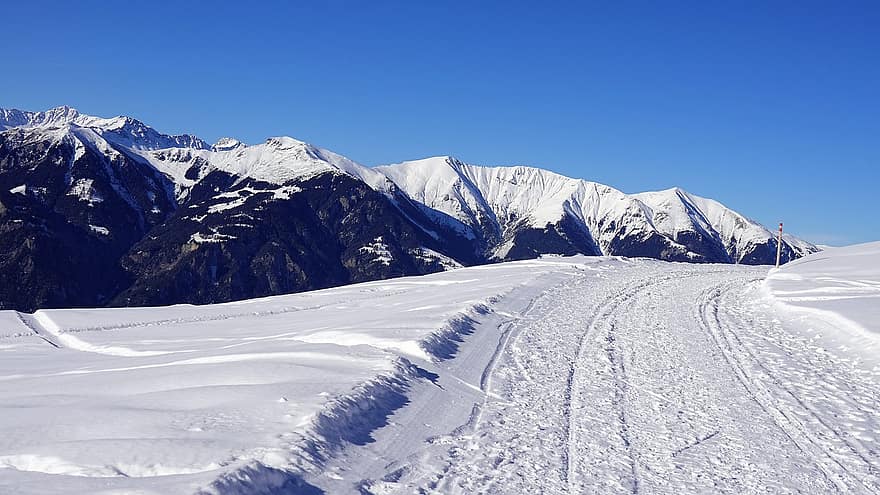salju, jejak, jalan, jalur pendakian musim dingin, Heienberg, gunung, musim dingin, biru, pemandangan, Es, olahraga