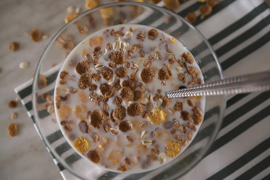 muesli, cereal, café da manhã, café da manhã saudável, leite de Aveia, colocação plana