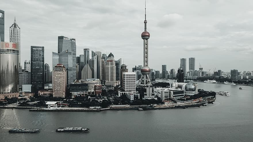 Шанхай, река, град, градски пейзаж, силует, архитектура, небостъргачи, кула, сгради, градски, брегова линия