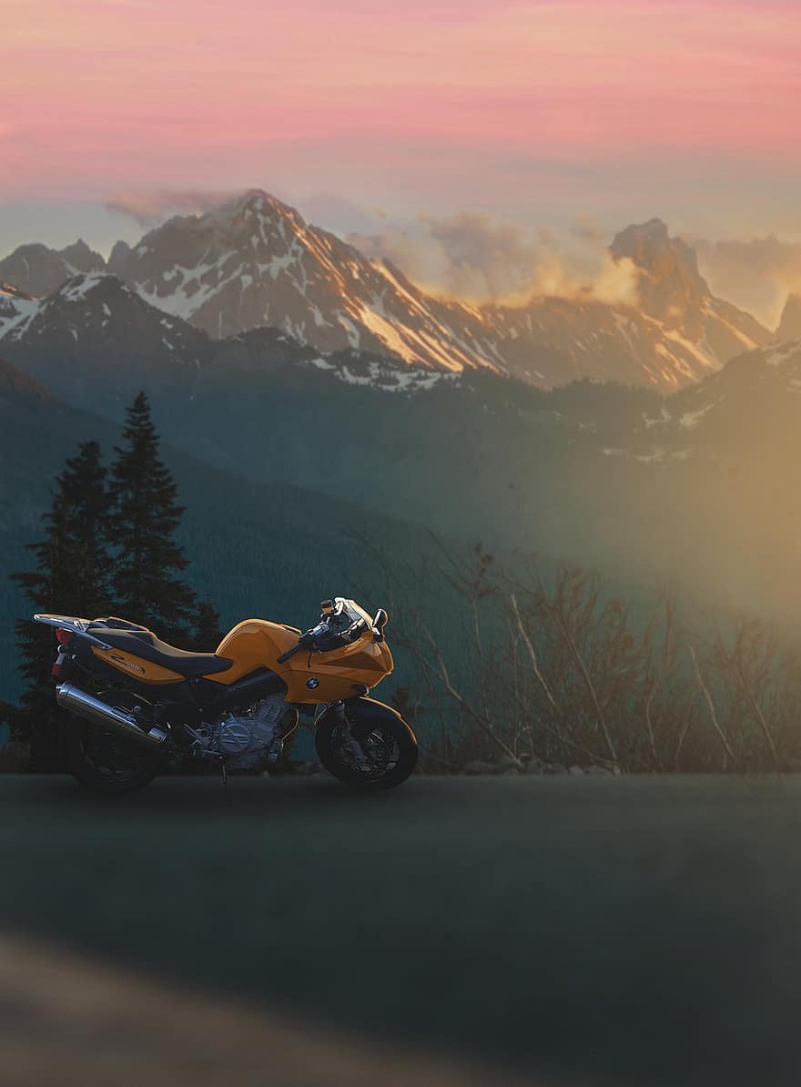 montañas, bosque, la carretera, motocicleta, bicicleta, vehículo